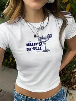 SHEIN EZwear - женская укороченная футболка Y2K Cocktail Martini, лето, белый цвет