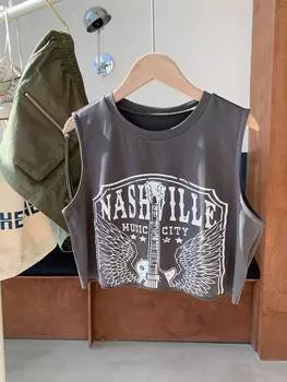 SHEIN EZwear женская укороченная майка с узором «Музыкальный фестиваль», гитара и буквы, серый