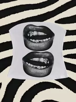 SHEIN EZwear женские черно-белые повседневные облегающие майки с принтом губ, подходящие для лета, белый цвет
