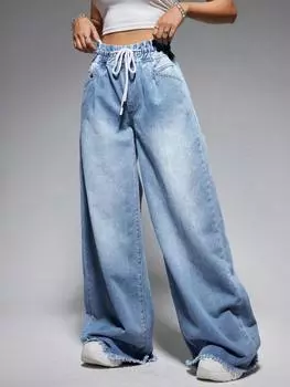 SHEIN EZwear женские джинсы, кулиска на талии, стираные, средний джинсовый цвет.