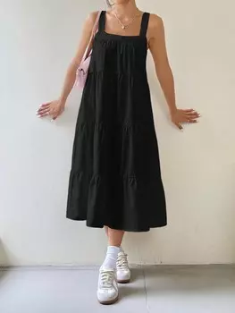 SHEIN EZwear Женские комбинезоны, простые, повседневные, длинные, трапеции, без рукавов, черный цвет