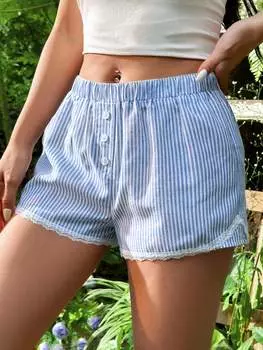 SHEIN EZwear женские шорты, в полоску, кружевной край, цвет синий