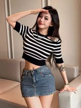 SHEIN EZwear Женский кардиган, асимметричный воротник, полосатый узор, черный и белый