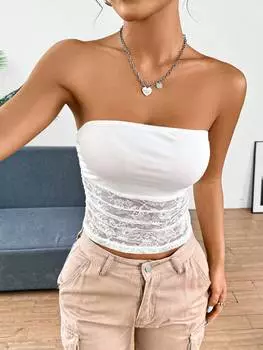 SHEIN EZwear Женский кружевной топ без бретелек, белый, белый цвет