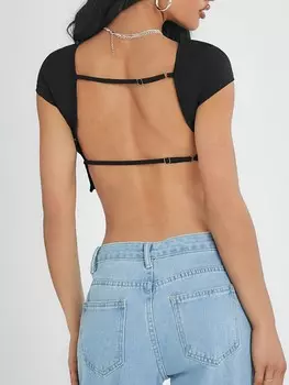 SHEIN EZwear, женский летний облегающий сексуальный укороченный топ с круглым вырезом и открытой спиной, топ на выход, черный цвет