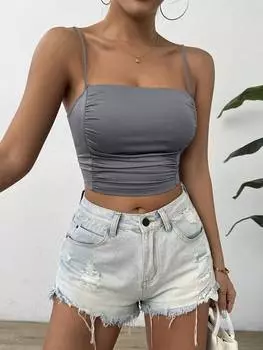 SHEIN EZwear женский летний однотонный плиссированный бюстгальтер узкого кроя с бретелями, темно-серый