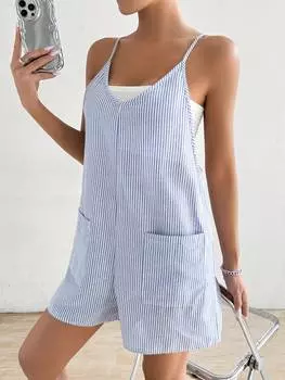 SHEIN EZwear женский летний повседневный комбинезон в полоску с двойными карманами, цвет синий