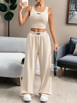 SHEIN EZwear, женский летний повседневный облегающий укороченный топ с абрикосовыми заплатками и свободные спортивные штаны, комплект из двух предметов, абрикосовый цвет