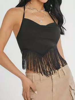 SHEIN EZwear женский модный однотонный бюстгальтер без рукавов с драпировкой и бахромой, черный цвет