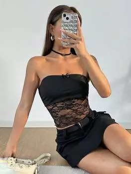 SHEIN EZwear Женский модный сексуальный черный кружевной топ без рукавов, черный цвет