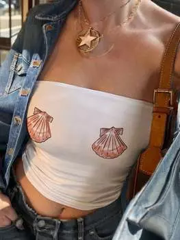 SHEIN EZwear Женский модный топ-бандо с короткими рукавами и принтом, белый цвет