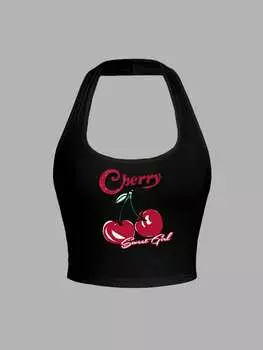 SHEIN EZwear, женский повседневный топ без бретелек с вишневым принтом, летний, облегающий крой, черный цвет