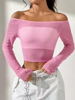 SHEIN EZwear Женский розовый сетчатый укороченный топ на одно плечо с длинными рукавами, розовый