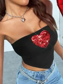 SHEIN EZwear Женский топ без бретелек на День святого Валентина, красный, с вышивкой бисером, треугольный низ, черный цвет
