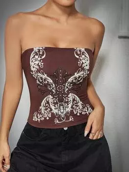 SHEIN EZwear женский топ без бретелек, с узором, коричневый цвет
