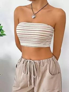 SHEIN EZwear женский укороченный топ без бретелек в полоску, красный и белый