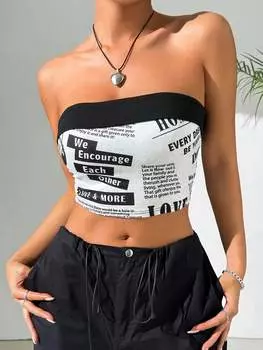 SHEIN EZwear Женский укороченный топ, газетный принт, цветных блоков, без бретелек, черный и белый
