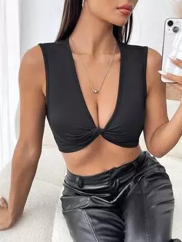 SHEIN EZwear Женский укороченный топ, однотонный, переплет, узел, черный цвет