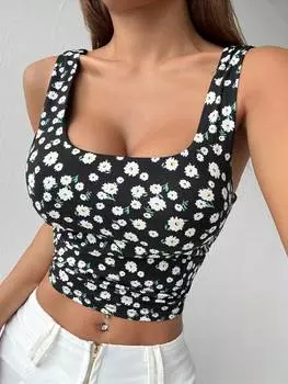 SHEIN EZwear Женский укороченный топ приталенного кроя со складками, с цветочным узором Summer Ditsy, черный цвет