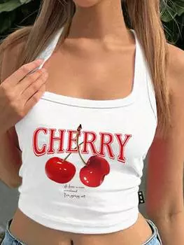 SHEIN EZwear Женский жилет через шею с вишневым узором Подходит для лета, белый цвет