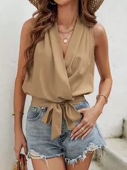 SHEIN Французская блузка без рукавов, однотонная, с завязанным низом, хаки