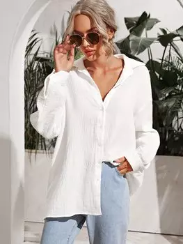 SHEIN Frenchy, длинная рубашка, с открытыми плечами, однотонный, белый цвет