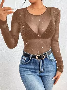 SHEIN Frenchy Топы ко Дню Святого Валентина, летние топы с длинными рукавами для вечеринок, блестящие Топ из полупрозрачной сетки, украшенный заклепками из искусственного жемчуга (бюстгальтер входит в комплект), хаки