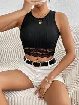 SHEIN Frenchy Женская мода Черный кружевной топ из фактурной ткани, черный цвет