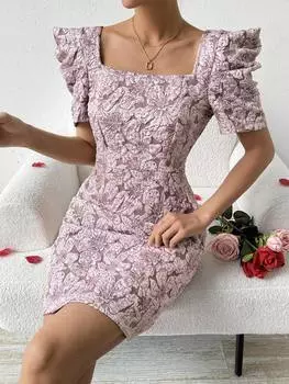 SHEIN Frenchy женское короткое жаккардовое платье с пышными рукавами, розовый