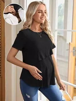SHEIN футболка для беременных, однотонная, ребристая вязка, для кормления, черный цвет