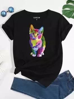 SHEIN Футболка Qutie, рисунок кота, черный цвет
