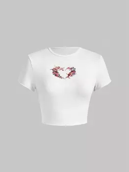 SHEIN Футболка Qutie, сердце, принт ангела, короткий рукав, белый цвет