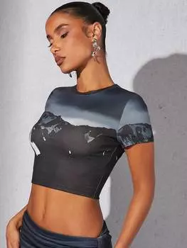 SHEIN Haute Футболка с короткими рукавами и рисунком гор, многоцветный