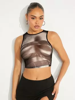 SHEIN Haute Женская прозрачная сетчатая укороченная майка, 1 шт, черный цвет
