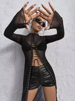 SHEIN ICON черный топ, шнурки спереди, сетка, без бюстгальтера, черный цвет