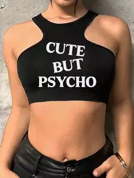 SHEIN ICON CUTE But PSYCHO укороченный топ без рукавов с принтом, сексуальный черный облегающий топ на бретелях для женщин, лето, черный цвет