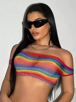 SHEIN ICON Цветной прозрачный сетчатый укороченный топ с открытыми плечами Y2K Cheer Summer Rainbow Going Out, многоцветный