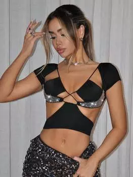 SHEIN ICON Футболка с короткими рукавами и эффектом стразов с вырезом и завязками, черный цвет