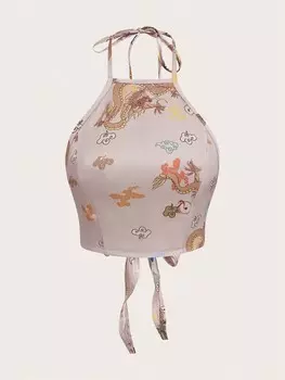 SHEIN ICON Короткий укороченный топ с принтом китайского дракона, завязкой на спине и ремешком для лета, золотой