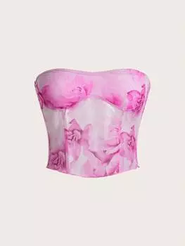 SHEIN ICON Кружевной лоскутный бюстье с цветочным принтом по всей длине женский топ, розовый