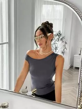 SHEIN ICON однотонная плиссированная рубашка приталенного кроя с нестандартным вырезом на лето, темно-серый