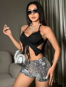 SHEIN ICON, однотонный топ, воротник-стойка, открытая спина с бретелями, черный цвет