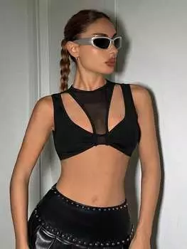 SHEIN ICON суперукороченная сетчатая майка на бретелях, черный цвет