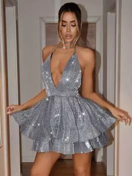 SHEIN ICON Тонкая серебряная блестящая юбка трапециевидной формы с глубоким v-образным вырезом и бретельками для женщин, серебристый