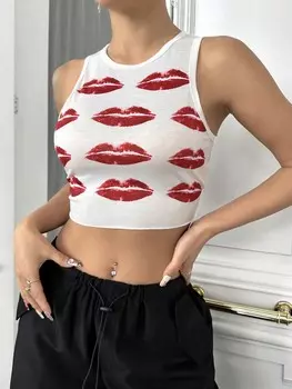 SHEIN ICON укороченная майка с рисунком губ, белый цвет