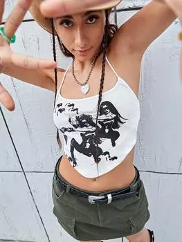 SHEIN ICON Укороченный топ с воротником-бретелькой 90-х годов, фигурный принт, стиль носового платка, завязки сзади, белый цвет