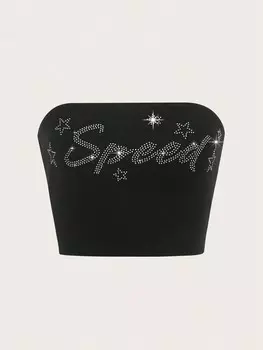 SHEIN ICON Укороченный топ в байкерском стиле, стразы, буквенный узор, черный цвет