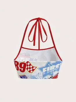 SHEIN ICON Y2K летняя майка, узор в виде людей и букв, воротник-стойка, летняя повседневная одежда, многоцветный