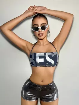 SHEIN ICON Y2K Женская майка из металлизированного фетра в полоску с буквами, укороченный топ с бретелькой на бретельках, серый