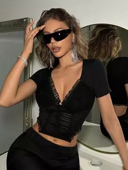 SHEIN ICON Женская футболка приталенного кроя с короткими рукавами и V-образным вырезом, сетчатыми складками и вставками на чашках на косточках, черный цвет